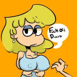 1girls ambiguous_gender big_breasts bootlegjones breast_lift breasts cleavage crossed_arms dialogue female large_breasts looking_at_viewer lori_loud nipple_bulge nipples nipples_visible_through_clothing shirt tank_top text the_loud_house