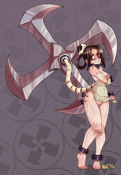 1girls black_nails breasts brown_hair clothes female nails nerdbayne nipples painwheel pussy red_eyes skullgirls stitches veins