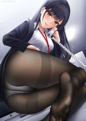 1girls ass ass_focus black_tights blush cameltoe clothed clothing coat dat_ass feet foot_fetish foot_focus fully_clothed grey_coat grey_hair large_breasts mhru office office_lady on_phone orange_eyes original original_character panties pantyhose phone pussy red_tie soles solo solo_female thigh tie tights white_shirt