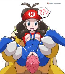 1boy 1girls ? bowser breasts cap clothing cosplay crossover female game_freak hat hilda_(pokemon) interspecies male mario_(cosplay) mario_(series) nintendo oni-tan overalls penis pokemon pokemon_bw pokemon_trainer pussy pussy_juice sex simple_background tagme torn_clothes underboob unseen_male_face white_background