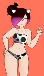 big_breasts closed_eyes cow_girl cow_horns cow_print eyes_closed hand_on_ass hand_on_hip original_character peace_sign purple_hair two_tone_hair wex