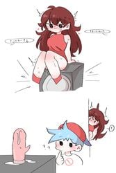 ! 1boy 1girls 2021 2:3 2koma ? backwards_baseball_cap bare_arms bare_shoulders baseball_cap black_eyes blue_hair blush boyfriend_(friday_night_funkin) breasts brown_hair caught chibi clothed clothing comic confusion couple dildo dildo_sitting dress female friday_night_funkin girlfriend_(friday_night_funkin) hat highres long_hair male medium_breasts messy_hair offscreen_character pussy pussy_juice pussy_juice_puddle pussy_juice_trail red_dress rube_(artist) shirt shoes short_hair simple_background sitting sitting_on_dildo sleeveless sleeveless_dress speaker surprised sweat sweating thighs very_long_hair white_background
