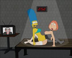 ass billy_the_puppet blue_bra bra crossover dark_room family_guy jigsaw_(saw) lois_griffin marge_simpson red_lipstick room saw_(series) scissoring sexfight sexfightfun stocking stockings table the_simpsons tribadism yuri