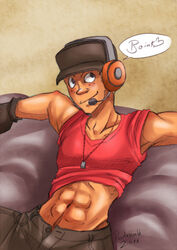 1boy 2011 buff cap dog_tag headphones jeans laying_down laying_on_back male_only muscular muscular_male safe scout_(team_fortress_2) signature simple_background six_pack smile sofa solo_male tan_skin team_fortress_2 text_bubble valve