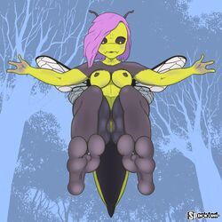 animal_humanoid antennae_(anatomy) anthro arthropod arthropod_humanoid black_sclera breasts fedupfox feet female genitals hair hi_res humanoid hymenopteran hymenopteran_humanoid insect_humanoid insects nipples purple_hair pussy solo wasp_humanoid