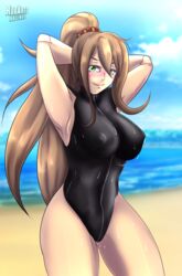 1girls beach big_breasts breasts brown_hair clothed green_eyes iris_(mega_man) iris_-another-_(mega_man) mega_man mega_man_x mega_man_x_dive nipples nipples_visible_through_clothing one-piece_swimsuit reploid robot robot_girl robot_joints solo solo_female swimsuit tagme wet