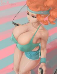 1girls alternate_breast_size aqua_eyes aqua_nails artist_name big_breasts booty_shorts breasts cleavage closed_mouth collarbone covered_erect_nipples curvy eyelashes female female_only green_eyes green_nails headband heart highres huge_breasts jump_rope large_breasts long_hair nail_polish nintendo nipples nipples_visible_through_clothing no_eyewear orange_hair pokemon pokemon_ss ponytail shiny shiny_hair short_shorts side_ponytail simhugger simple_background solo solo_female sonia_(pokemon) sports_bra sportswear thick_thighs tied_hair voluptuous white_skin