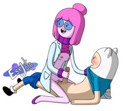 1boy 1boy1girl 1girls adventure_time breasts esejota finn_the_human glasses handjob hat lab_coat manst nipples penis pink_eyes pink_hair princess_bubblegum pussy shirt shoes sneakers sweater trousers