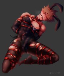 1boy arms_behind_head arms_tied_behind_back asanuno1510 bondage bulge_through_clothing bunny_boy bunny_ears bunnyboy gag katsuki_bakugou male male_focus male_only mouth_gag my_hero_academia penis_bulge ripped_clothing solo solo_focus solo_male sweat tied_arms tied_legs tied_up