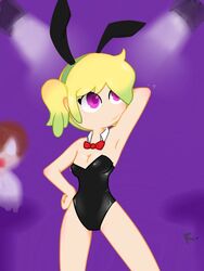 1girls ann_chica_(fnafhs) blonde_hair bunny_ears bunny_girl bunnysuit chica_(fnafhs) fhs fhsz3r0 fnafhs fnafhs_z3ro green_hair posing purple_eyes small_breasts sole_female two_tone_hair