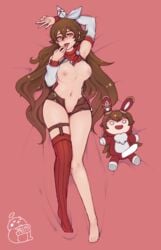 amber_(genshin_impact) amber_eyes areolae armpit asymmetrical_legwear barefoot baron_bunny_(genshin_impact) big_breasts breasts brown_hair censored_penis genshin_impact hair_between_eyes hair_ribbon heart-shaped_pupils high_socks highres hips imminent_sex legs legwear long_hair looking_at_viewer lying lying_on_back mr_mlemkins_(artist) navel nipples on_back open_clothes orange_eyes plushie pussy shaved_pussy shorts sweat thighs tongue_out wide_hips