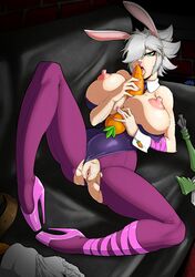 1girls battle_bunny_riven big_breasts breasts bunny_ears bunnysuit carrot color exposed_breasts female female_focus female_only fishnet_stockings green_eyes grey_hair huge_breasts league_of_legends licking lying_on_back mad-project nipples playboy_bunny ripped_pantyhose riven seductive seductive_look solo solo_female solo_focus vagina white_hair