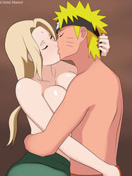 1boy 1girls age_difference big_breasts blonde_hair blush breast_press breasts closed_eyes clothing cristalmanor female half-dressed kiss kissing long_hair male mature_female naruto naruto_(series) naruto_shippuden older_female romantic shirtless short_hair shounen_jump straight topless tsunade uzumaki_naruto younger_male