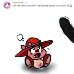 1boy 1girls bahamutgreen big_balls big_penis blush goomba goombette_(super_mario_odyssey) hetero heterosexual looking_at_penis mario_(series) nintendo precum pussy pussy_juice super_mario_odyssey text white_background