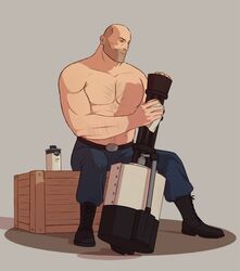 1boy belt boots crate handkerchief heavy_(team_fortress_2) jeans male_only muscular muscular_male polishing safe shasha_is_asleep simple_background simple_shading solo_male tagme team_fortress_2 tysanning valve