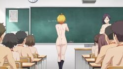 4boys 6girls ass black_socks blonde_hair casual casual_nudity classroom clothing covering covering_ass covering_self dokyuu_hentai_hxeros embarrassed embarrassed_nude_female enf female footwear forced_nudity group hoshino_kirara human knee_socks kneehighs kneesocks male mostly_nude nude nudist pale_skin public public_nudity school school_uniform schoolgirl short_hair socks socks_only student