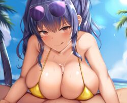 1boy aviator_sunglasses azur_lane bangs bare_shoulders beach bikini blue_hair blue_sky blush breast_squeeze breasts cleavage collarbone cum cumshot eyewear_on_head female highres large_breasts licking_lips long_hair looking_at_viewer paizuri palm_tree penis pola_(azur_lane) pola_(seaside_coincidence)_(azur_lane) red_eyes renetan sky smile straight sunglasses swimsuit tongue tongue_out tree twintails wet yellow_bikini