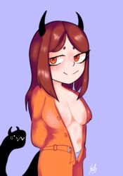 black_horns breasts brown_hair clothed clothing erect_nipples erection_under_clothes female female_focus female_only femdoc ginger ginger_hair horns human jumpsuit orange_jumpsuit original_character panties parasite scp-6660 scp_containment_breach scp_foundation simple_background solo solo_female solo_focus striped_panties suggestive suggestive_look yellow_eyes