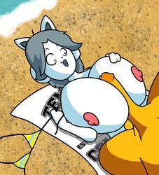 1boy 1girls anthro balls bra_off breasts canid canine duo felid feline female frisk genitals hair hi_res male male/female mammal nipples paizuri penis sex solo_focus straight surprised tem temmie_(undertale) titfuck titjob undertale video_games white_body