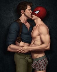 2boys brown_hair bulge closed_eyes dark_hair gabo_artist gay hairy_chest kissing male male_only marvel mask muscular nathan_drake open_mouth partially_clothed peter_parker smooth_skin spider-man spider-man_(series) superhero uncharted underwear undressing yaoi