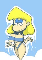 1girls big_breasts blonde_hair bootlegjones breasts eyeshadow female female_only half-closed_eyes huge_breasts large_breasts looking_at_viewer lori_loud panties shrug smile solo solo_female solo_focus swimsuit the_loud_house thick_thighs thighs wet