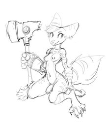 2020 anthro blep breasts flaccid fur furry futanari genitals guoh gynomorph holding_object holding_weapon intersex lombax mammal monochrome navel nude penis prosthetic prosthetic_arm prosthetic_limb ratchet_and_clank rivet_(ratchet_and_clank) simple_background solo sony_corporation sony_interactive_entertainment tongue tongue_out video_games weapon white_background