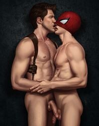 2boys brown_hair closed_eyes dark_hair flaccid gabo_artist gay hairy_chest kissing male male_only marvel mask muscular nathan_drake nude open_mouth peter_parker spider-man spider-man_(series) straight_hair superhero uncharted yaoi