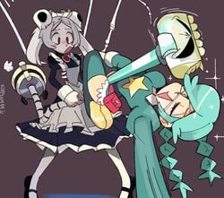 2girls annie_(skullgirls) bloody_marie blue_hair blush breasts duo duo_focus eyes_closed female female_only full_body fully_clothed maid maid_uniform mint_hair red_eyes skullgirls smile smiling sooperman surprised surprised_expression twin_braids vacuum_cleaner white_hair yuri