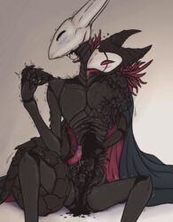 amputee anthro_on_anthro arthropod black_body bodily_fluids cuntboy erection fingering grimm_(hollow_knight) hollow_knight hollow_knight_(character) horns insect_humanoid insects intersex liqdra male penis precum precum_drip pussy spread_legs sweat tendrils tongue unusual_genitalia