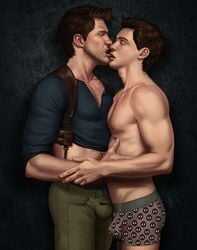 2boys brown_hair bulge closed_eyes dark_hair gabo_artist gay hairy_chest kissing male male_only marvel muscular nathan_drake open_mouth partially_clothed peter_parker smooth_skin spider-man spider-man_(series) superhero uncharted underwear undressing yaoi