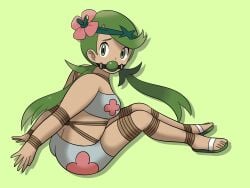 1girls arms_tied_behind_back ass ball_gag bandeau bikini bondage breasts dankestofdans female female_only floral_print gag gagged green_ball_gag green_eyes green_hair grey_bikini grey_swimsuit hair_flower hairband legs_tied looking_at_viewer mallow_(pokemon) medium_breasts nintendo pokemon pokemon_sm rope rope_bondage sandals shibari_over_clothes sitting solo swimsuit twintails