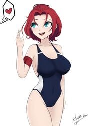 1girls big_ass big_breasts big_butt blue_eyes breasts clothed clothed_female female_only gibb_san light-skinned_female light_skin oc one-piece_swimsuit original original_character red_hair smile suki_(gibb_san) swimsuit thick_thighs