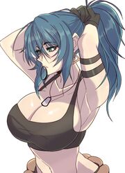 black_gloves black_tank_top blue_hair breasts green_eyes ikari_warriors jewelry king_of_fighters large_breasts leona_heidern midriff sideboob snk solo tank_top toned yoshiikirablr