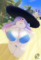 1girls 3d artist_logo artist_name bacon_hair beach big_breasts bikini black_eyes blue_bikini blue_bra blue_hair blue_panties blush bra breasts cleavage female female_focus female_only guest_(roblox) hallveris hat long_hair looking_at_viewer noob panties purple_hair roblox roblox_avatar robloxian sand sand_castle sky smile solo solo_female standing sun_hat tongue tongue_out trees white_skin