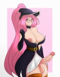 1futa bewitching_janna big_ass clothed erection erection_under_clothes erection_under_skirt futa_only futanari glasses janna_windforce large_breasts league_of_legends long_hair penis pink_eyes pink_hair ponytail solo sunk118 witch_hat