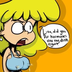 1girls big_breasts blonde_hair bootlegjones breast_expansion breasts cleavage dialogue female female_only huge_breasts lactating lactation lactation_through_clothes large_breasts leaking_milk lori_loud milk open_mouth shirt solo speech_bubble tank_top text the_loud_house transformation