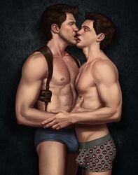 2boys brown_hair bulge closed_eyes dark_hair gabo_artist gay hairy_chest kissing male male_only marvel muscular nathan_drake open_mouth partially_clothed peter_parker smooth_skin spider-man spider-man_(series) superhero uncharted underwear yaoi