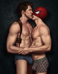 2boys brown_hair bulge closed_eyes dark_hair gabo_artist gay hairy_chest kissing male male_only marvel mask muscular nathan_drake open_mouth partially_clothed peter_parker spider-man spider-man_(series) straight_hair superhero uncharted underwear yaoi