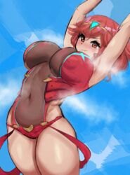 1girls alternate_version_available areola areola_slip armpits arms_up belly big_nipples blush breasts circlet cleavage clothed clothes clothing eyes female female_only hair hips huge_breasts large_breasts looking_at_viewer navel nintendo nipples_visible_through_clothing one-piece_swimsuit pyra red_eyes red_hair silver_queen solo solo_female stomach sweat sweatdrop swimsuit tagme thick_thighs thighs wide_hips xenoblade_(series) xenoblade_chronicles_2