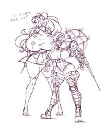 2girls aged_up alternate_breast_size amazon armor big_sister big_sister_(bioshock) bioshock bioshock_2 black_and_white breasts breasts_bigger_than_head dress huge_breasts little_sister_(bioshock) long_hair monochrome n647 needle size_difference sketch socks stirrup_legwear taller_girl teardrop text thick_thighs thighhighs thin_waist voluptuous wasp_waist wide_hips