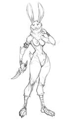 anthro breasts chest_tuft closed_eyes crotch_tuft dagger female genitals guoh holding_dagger holding_object holding_weapon lagomorph leporid mammal melee_weapon monochrome navel nipples pussy rabbit simple_background sketch smile solo standing tuft weapon white_background