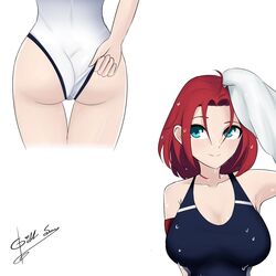 ass ass_focus big_ass big_breasts big_butt blue_eyes cyan_eyes female_only gibb_san oc one-piece_swimsuit original original_character red_hair smile suki_(gibb_san) swimsuit thick_thighs thin_female wet wet_clothes