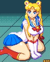 1girls 2020 aged_up big_breasts bishoujo_senshi_sailor_moon blonde_hair blue_eyes cleavage clothed clothing countmoxi female female_only large_breasts looking_at_viewer meme on_knees on_the_floor pixel_art sailor_moon sailor_moon_redraw_challenge shounen_jump skirt solo usagi_tsukino