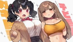 :o adorable black_hair blush bow brown_hair button_down_shirt button_gap cleavage collar cute_fang disgusted female japanese_text kanna_sasaki_(kaedeko) kodama_(sakura_yuki) navel orange_bra orange_eyes original outfit_swap red_eyes sakura_yuki_(clochette) sports_bra sweat twintails