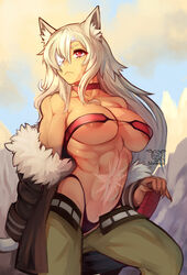 1girls abs areola_slip areolae breasts choker female female_only furry_ears ghislaine_dedoldia large_breasts long_hair looking_away muscular_female mushoku_tensei one_eye_covered red_eyes skimpy solo sunsetniva white_hair