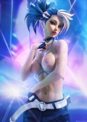 1girls akali areolae belt blue_eyes blue_hair breasts earrings female female_only k/da_all_out_akali k/da_all_out_series k/da_series league_of_legends lipstick long_fingernails looking_away mascara medium_breasts navel nipples pinup ponytail purple_nail_polish seductive_look solo therealzoh tied_hair topless two_tone_hair white_hair