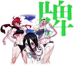 2010s 3girls abs banko_benimaru big_breasts bikini black_hair blue_eyes breasts clouds drill_jiru female fit_female getter_robo getter_robo_high green_eyes human jacket jacket_over_swimsuit light-skinned_female light_skin long_hair muscular_female official_art petite red_eyes red_hair robot_girl scarf short_hair sky sunglasses swimwear takeo_midorikawa thick_thighs tinted_eyewear tsutsuno_byakuya white_background white_hair