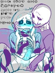 2boys blue_penis blush bound_arms bound_legs english_text gaster heart_eyes lightsaber_dick male male_only penis penis_out sans tentacle tentacles text tongue_out undertale wingdings