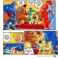 anal bara big_balls big_penis comic dragon_ball english_text fight_boner galaxycoop gay goz_(dragon_ball) male male_only mez_(dragon_ball) multiple_boys multiple_males muscle muscles muscular muscular_male super_saiyan super_saiyan_2 text trunks_briefs yaoi