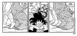 2boys anal bara big_balls big_penis dialogue dragon_ball galaxycoop gay gyuumaou_(dragon_ball) male male_only monochrome multiple_boys multiple_males muscle muscles muscular muscular_male nude ox_king size_difference son_goku text yaoi